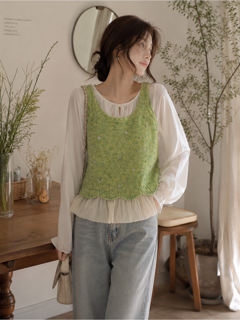 Korean wool Blend Embellished Sweater Tank Top Green One Size NWT